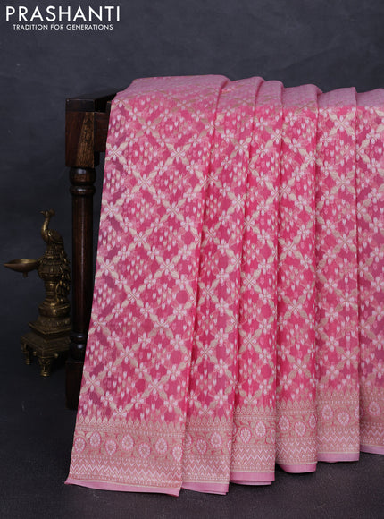 Banarasi silk cotton saree pink with allover thread & zari woven brocade weaves and thread & zari woven border