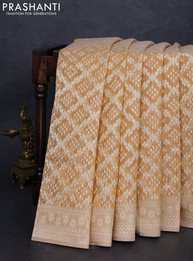 Banarasi silk cotton saree sandal with allover thread & zari woven brocade weaves and thread & zari woven border