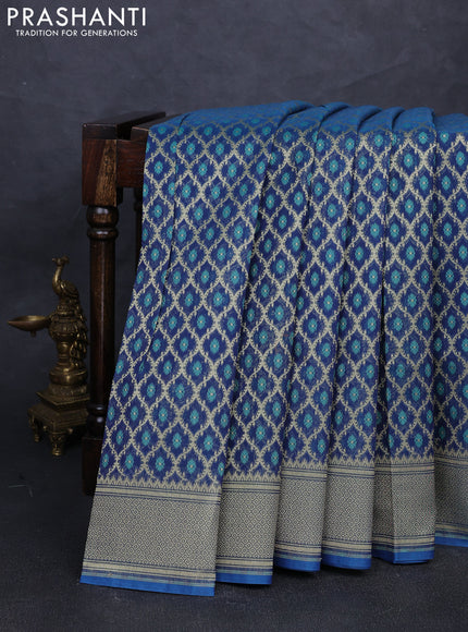 Banarasi silk cotton saree peacock blue with allover thread & zari woven brocade weaves and temple design zari woven border