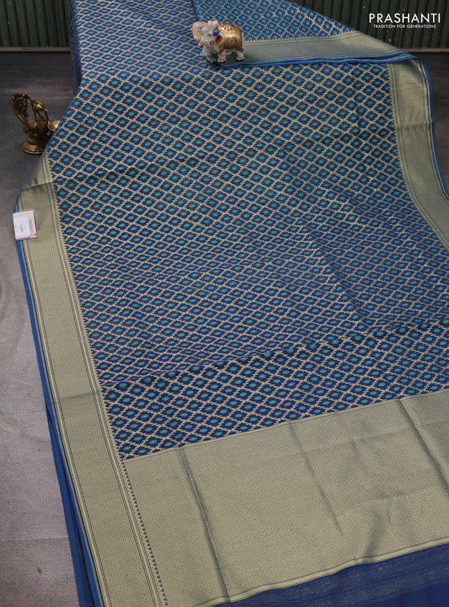 Banarasi silk cotton saree peacock blue with allover thread & zari woven brocade weaves and temple design zari woven border