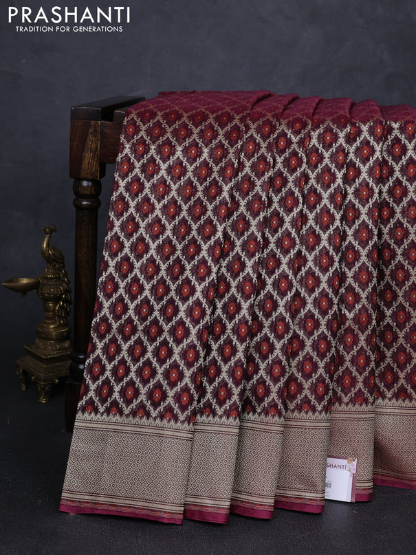 Banarasi silk cotton saree deep wine with allover thread & zari woven brocade weaves and temple design zari woven border