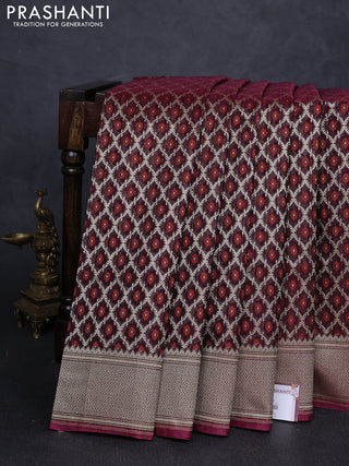 Banarasi silk cotton saree deep wine with allover thread & zari woven brocade weaves and temple design zari woven border