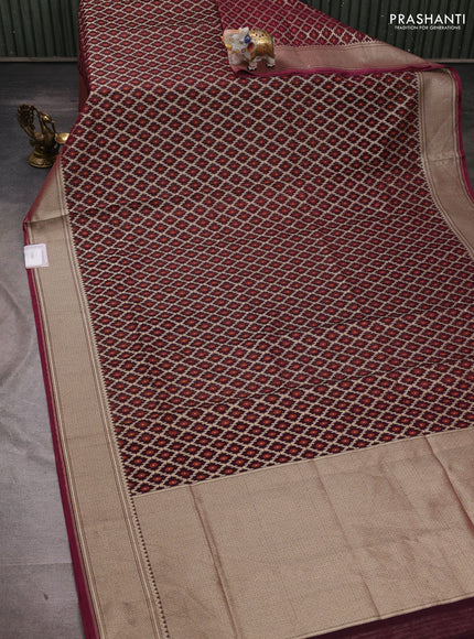 Banarasi silk cotton saree deep wine with allover thread & zari woven brocade weaves and temple design zari woven border