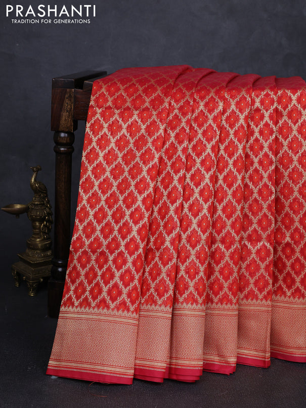 Banarasi silk cotton saree red with allover thread & zari woven brocade weaves and temple design zari woven border