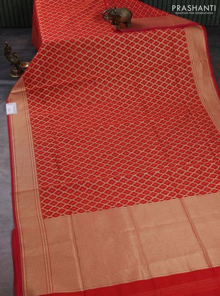 Banarasi silk cotton saree red with allover thread & zari woven brocade weaves and temple design zari woven border