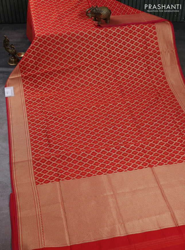 Banarasi silk cotton saree red with allover thread & zari woven brocade weaves and temple design zari woven border