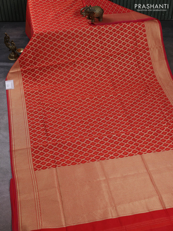 Banarasi silk cotton saree red with allover thread & zari woven brocade weaves and temple design zari woven border