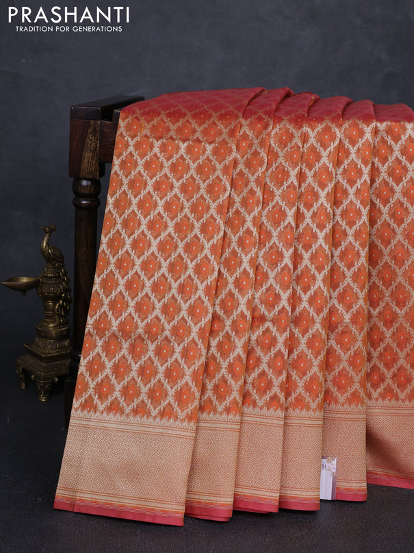 Banarasi silk cotton saree rust shade with allover thread & zari woven brocade weaves and temple design zari woven border