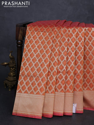 Banarasi silk cotton saree rust shade with allover thread & zari woven brocade weaves and temple design zari woven border