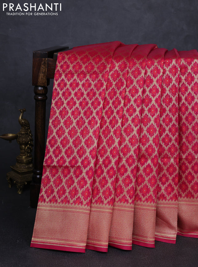 Banarasi silk cotton saree dark pink with allover thread & zari woven brocade weaves and temple design zari woven border