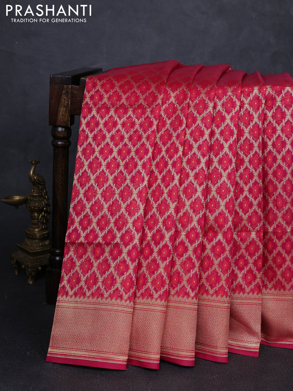 Banarasi silk cotton saree dark pink with allover thread & zari woven brocade weaves and temple design zari woven border