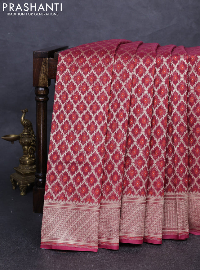 Banarasi silk cotton saree maroon with allover thread & zari woven brocade weaves and temple design zari woven border