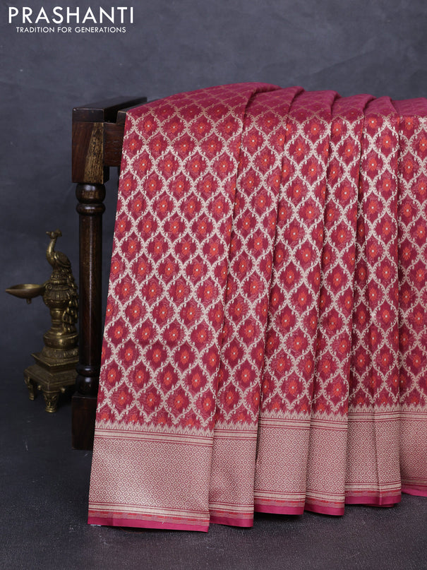 Banarasi silk cotton saree maroon with allover thread & zari woven brocade weaves and temple design zari woven border