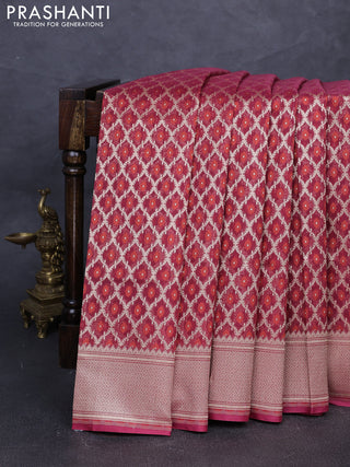 Banarasi silk cotton saree maroon with allover thread & zari woven brocade weaves and temple design zari woven border