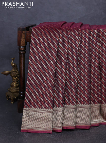 Banarasi silk cotton saree deep maroon with allover thread & zari woven brocade weaves and temple design zari woven border