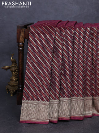 Banarasi silk cotton saree deep maroon with allover thread & zari woven brocade weaves and temple design zari woven border