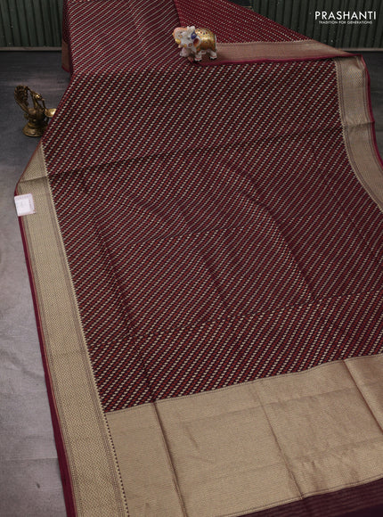 Banarasi silk cotton saree deep maroon with allover thread & zari woven brocade weaves and temple design zari woven border