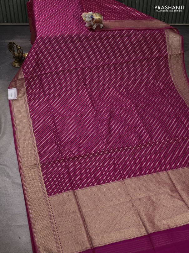 Banarasi silk cotton saree magenta pink with allover thread & zari woven brocade weaves and temple design zari woven border