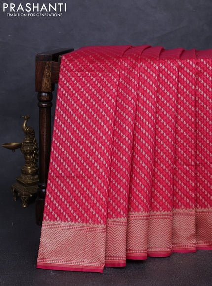 Banarasi silk cotton saree dark pink with allover thread & zari woven brocade weaves and temple design zari woven border