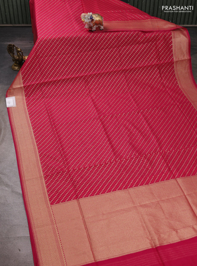 Banarasi silk cotton saree dark pink with allover thread & zari woven brocade weaves and temple design zari woven border