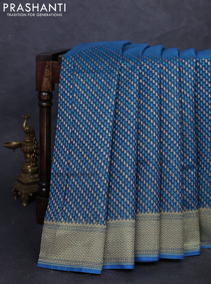Banarasi silk cotton saree peacock blue with allover thread & zari woven brocade weaves and temple design zari woven border