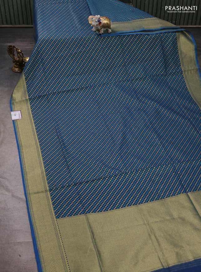 Banarasi silk cotton saree peacock blue with allover thread & zari woven brocade weaves and temple design zari woven border