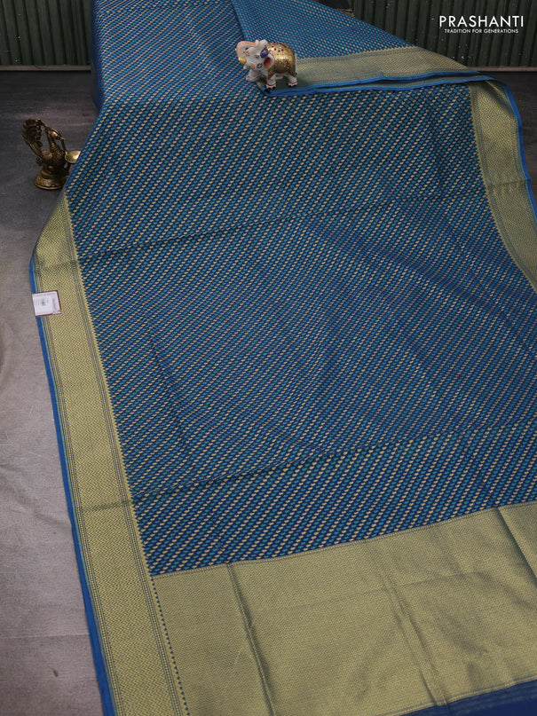 Banarasi silk cotton saree peacock blue with allover thread & zari woven brocade weaves and temple design zari woven border