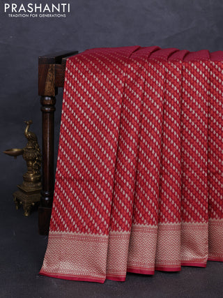 Banarasi silk cotton saree maroon with allover thread & zari woven brocade weaves and temple design zari woven border