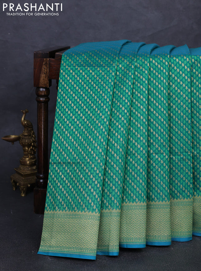 Banarasi silk cotton saree green with allover thread & zari woven brocade weaves and temple design zari woven border