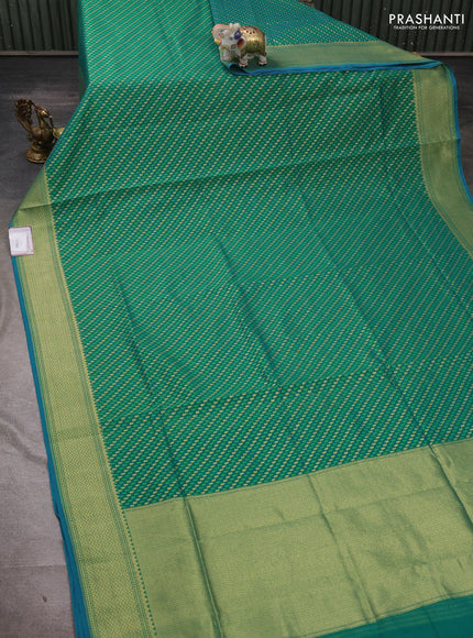 Banarasi silk cotton saree green with allover thread & zari woven brocade weaves and temple design zari woven border