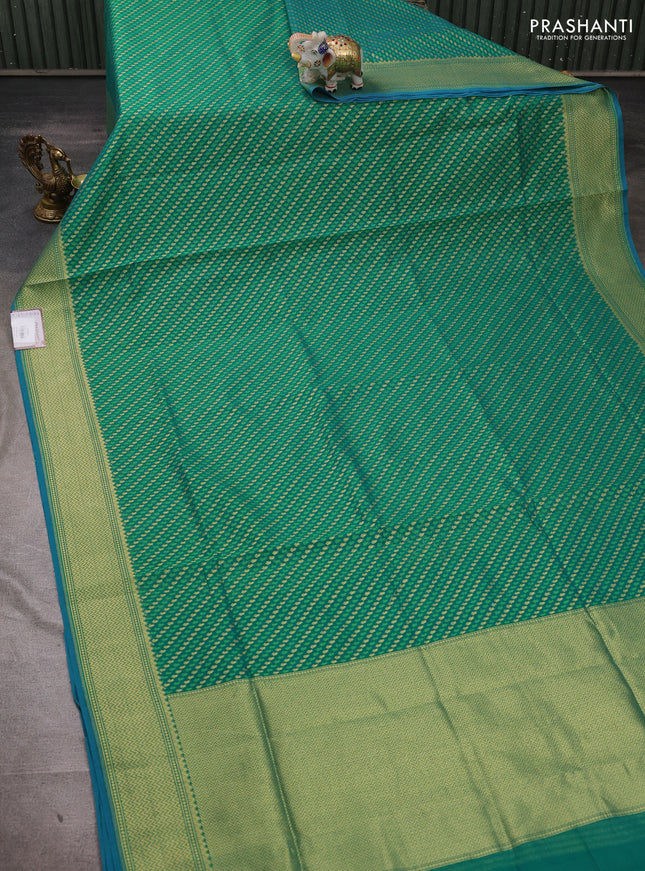 Banarasi silk cotton saree green with allover thread & zari woven brocade weaves and temple design zari woven border