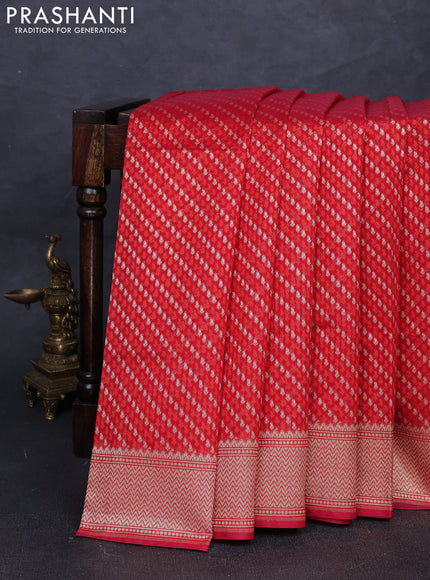 Banarasi silk cotton saree red with allover thread & zari woven brocade weaves and temple design zari woven border