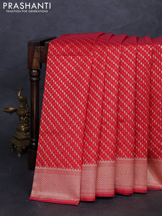 Banarasi silk cotton saree red with allover thread & zari woven brocade weaves and temple design zari woven border