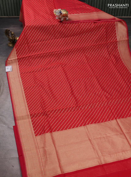 Banarasi silk cotton saree red with allover thread & zari woven brocade weaves and temple design zari woven border