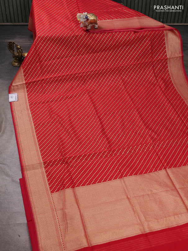 Banarasi silk cotton saree red with allover thread & zari woven brocade weaves and temple design zari woven border