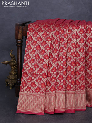 Banarasi silk cotton saree maroon with allover thread & zari woven brocade weaves and temple design zari woven border