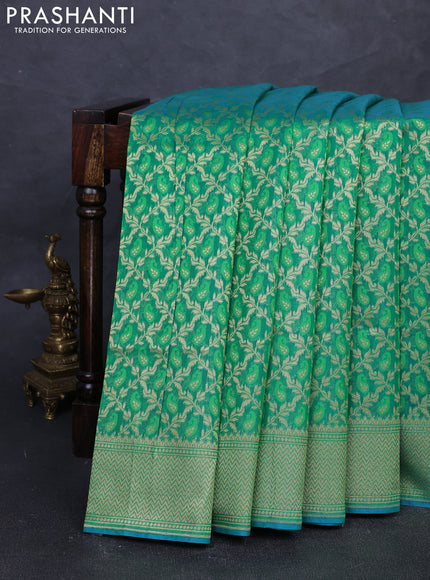 Banarasi silk cotton saree green with allover thread & zari woven brocade weaves and temple design zari woven border