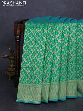 Banarasi silk cotton saree green with allover thread & zari woven brocade weaves and temple design zari woven border