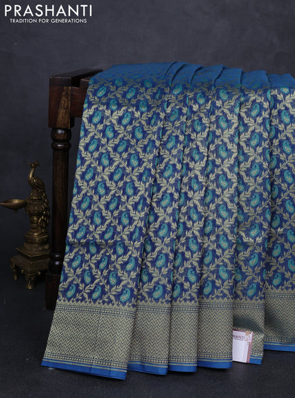 Banarasi silk cotton saree peacock blue with allover thread & zari woven brocade weaves and temple design zari woven border