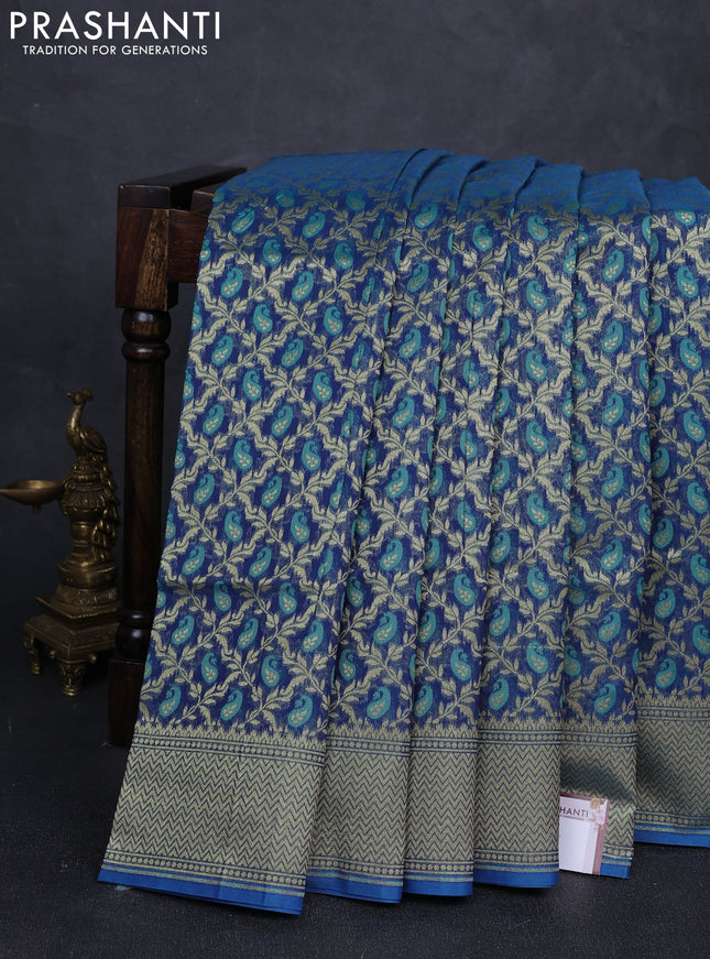 Banarasi silk cotton saree peacock blue with allover thread & zari woven brocade weaves and temple design zari woven border