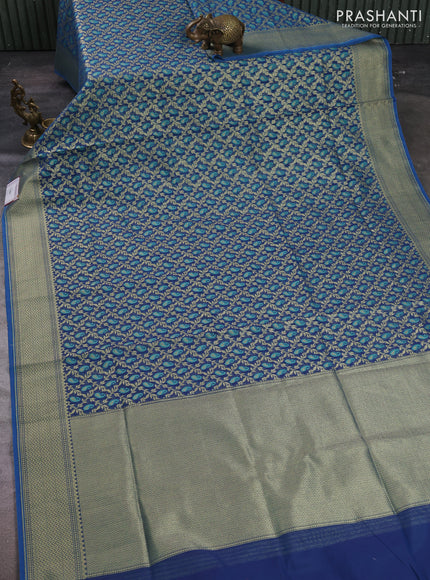 Banarasi silk cotton saree peacock blue with allover thread & zari woven brocade weaves and temple design zari woven border