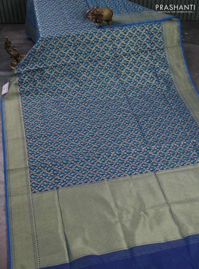 Banarasi silk cotton saree peacock blue with allover thread & zari woven brocade weaves and temple design zari woven border