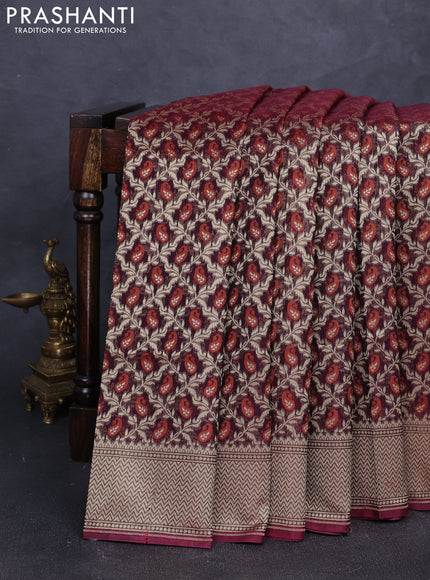 Banarasi silk cotton saree deep maroon with allover thread & zari woven brocade weaves and temple design zari woven border