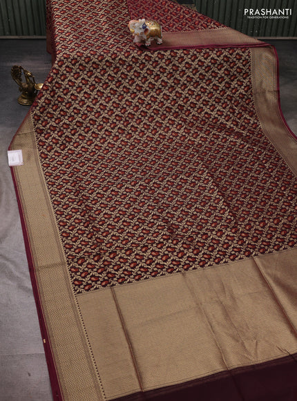 Banarasi silk cotton saree deep maroon with allover thread & zari woven brocade weaves and temple design zari woven border