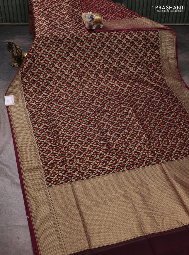 Banarasi silk cotton saree deep maroon with allover thread & zari woven brocade weaves and temple design zari woven border