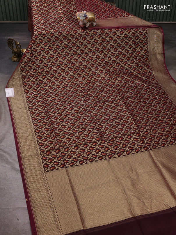 Banarasi silk cotton saree deep maroon with allover thread & zari woven brocade weaves and temple design zari woven border