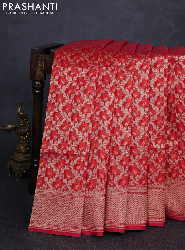 Banarasi silk cotton saree red with allover thread & zari woven brocade weaves and temple design zari woven border