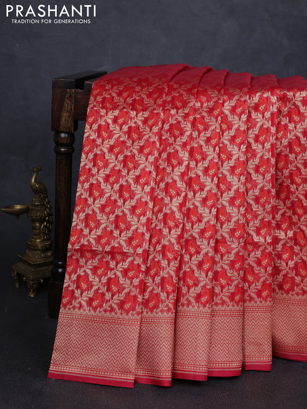 Banarasi silk cotton saree red with allover thread & zari woven brocade weaves and temple design zari woven border