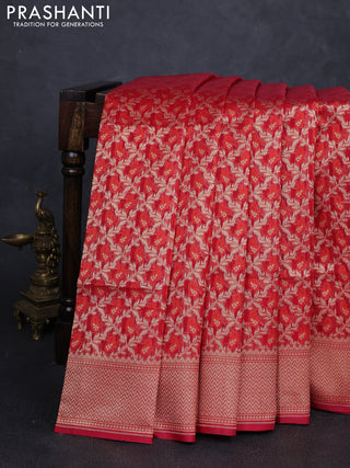 Banarasi silk cotton saree red with allover thread & zari woven brocade weaves and temple design zari woven border