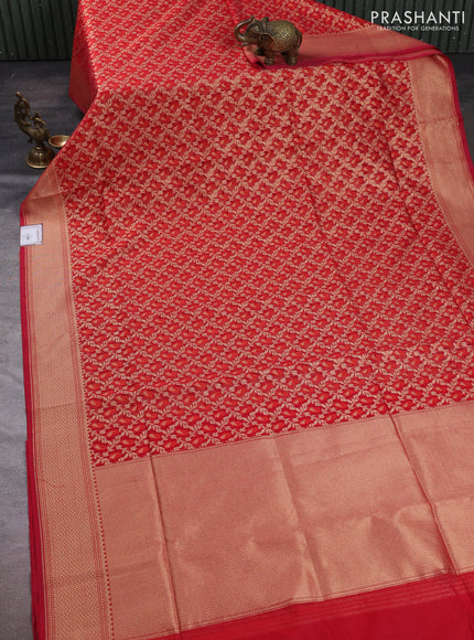 Banarasi silk cotton saree red with allover thread & zari woven brocade weaves and temple design zari woven border